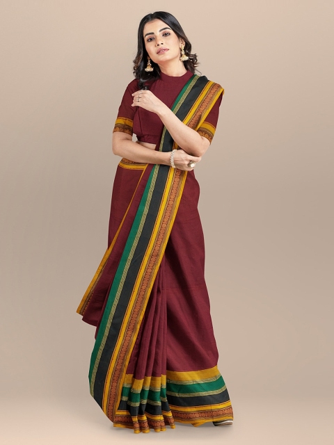 

BharatSthali Maroon & Yellow Silk Cotton Colourblocked Handloom Maheshwari Saree