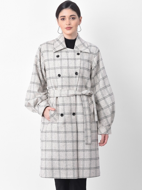 

AUDSTRO Women White & Black Checked Loose-Fit Trench Coat