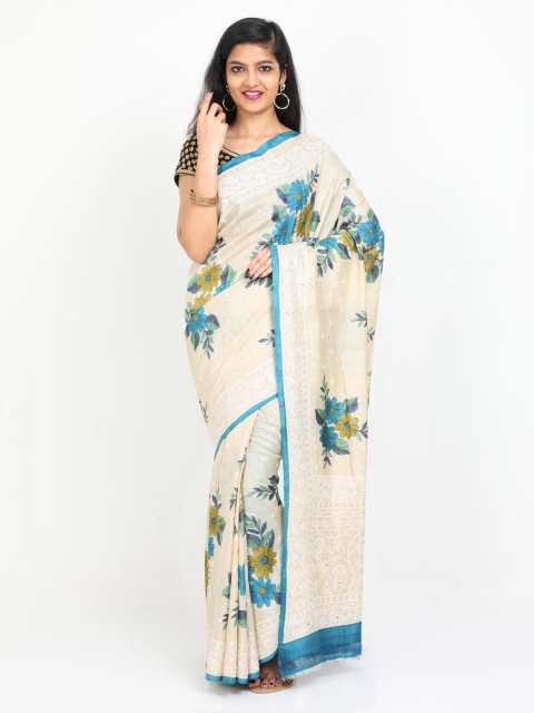 

SABOO COLLECTIONS Cream-Coloured & Blue Pure Silk Printed Tussar Saree