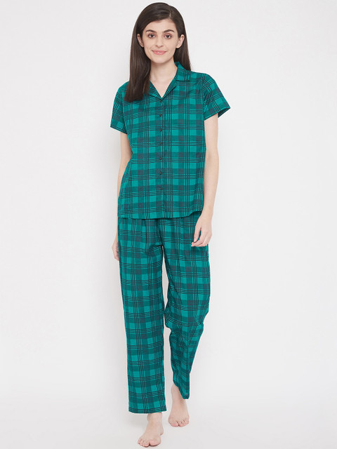 

Clovia Women Teal-Green & Black Checked Night Suit