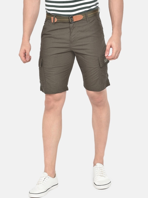 

beevee Men Olive Green Solid Regular Fit Pure Cotton Cargo Shorts
