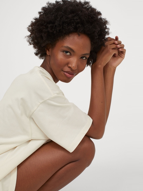 H&M Women Off-White Solid Oversized T-shirt