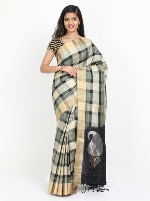 

SABOO COLLECTIONS Black & Grey Pure Silk Checked Arani Saree