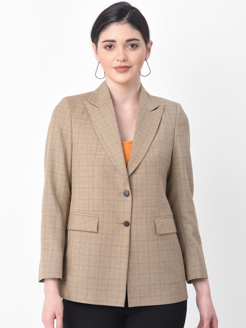 

Audstro Women Beige Checked Single-Breasted Formal Blazer