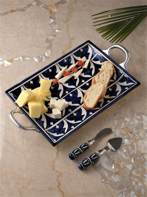 

Amoliconcepts Blue & White Printed Serving Tray With Silver Finish Handles