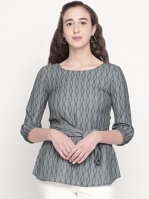 

Mesmerize Women Green Printed Top with Waist Tie Up Detail