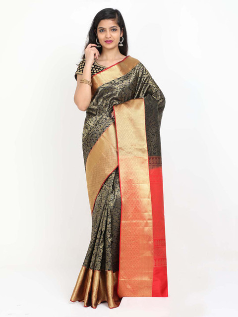 

SABOO COLLECTIONS Black & Red Pure Silk Woven Design Dharmavaram Saree