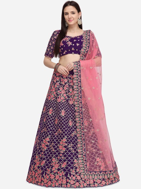 

NAKKASHI Women Purple & Pink Embroidered Velvet Semi-Stitched Lehenga & Unstitched Blouse With Embellished Dupatta