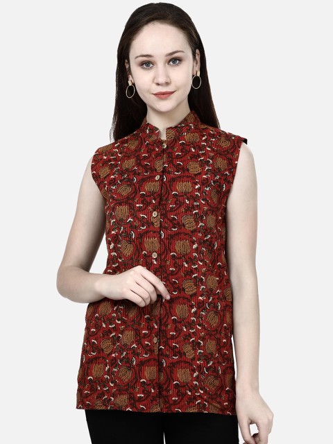 

Molcha Women Rust Orange & Maroon Printed Tailored Jacket