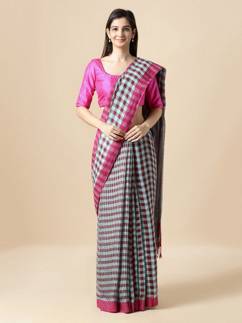 

Taneira Maroon & Pink Pure Linen Checked Saree