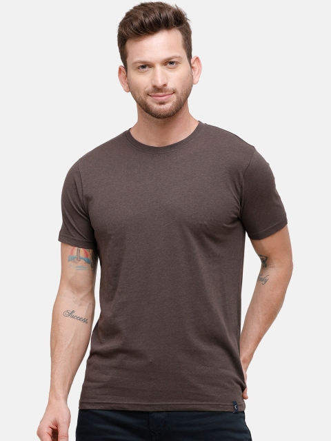 

CAVALLO by Linen Club Men Brown Solid Round Neck Cotton Linen T-shirt