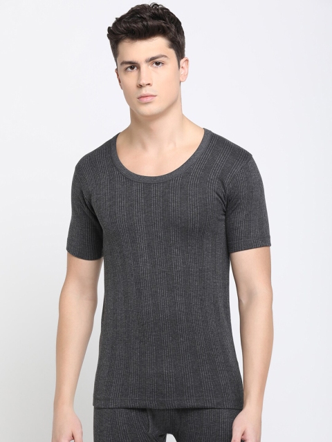 

DIXCY SCOTT Men Charcoal Grey Striped Thermal T-shirt