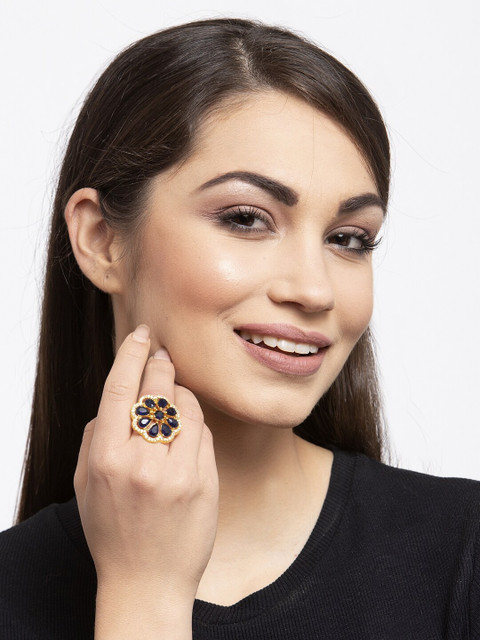 

ANIKAS CREATION Gold-Plated & Blue AD Studded Floral Adjustable Finger Ring