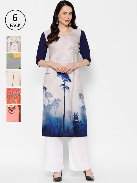 

7Threads Women Pack Of 6 Multicoloured Printed Straight Kurtas, Multi