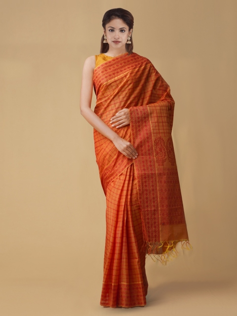 

Unnati Silks Orange & Red Pure Cotton Checked Mysore Silk Saree