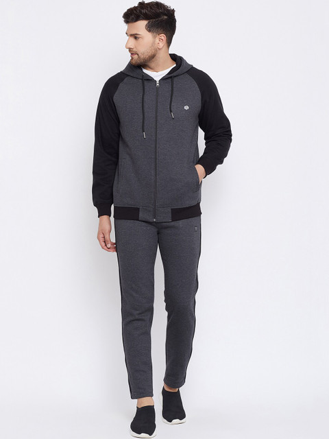 

Bishop Cotton Men Charcoal Grey & Black Solid Tracksuit