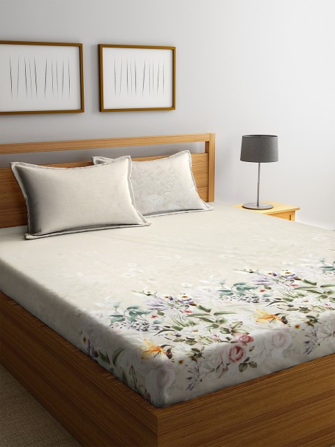 

BOMBAY DYEING Beige & Green Floral 210TC Cotton 1 King Bedsheet With 2 Pillow Covers