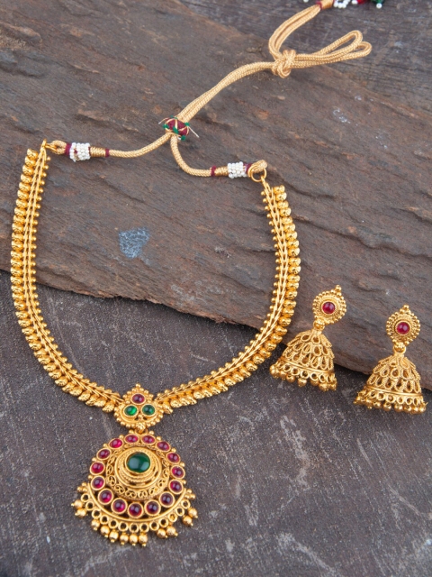 

Alankruthi Gold-Plated Red & Green Stone-Studded Sustainable Jewellery Set