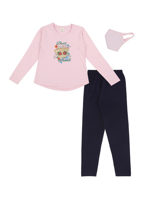 

RAINE AND JAINE Girls Pink & Navy Blue Printed T-shirt with Leggings