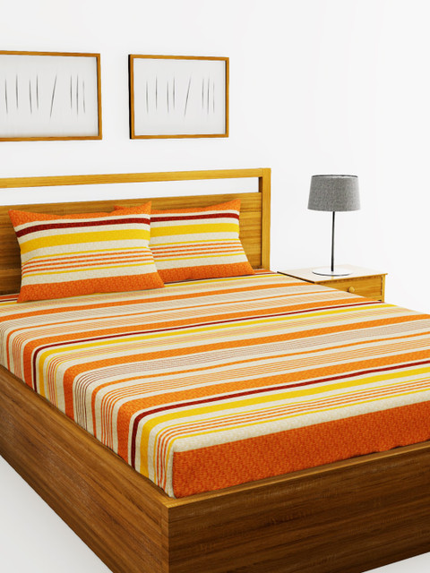 

BIANCA Orange & Yellow Striped 110 TC Double XL Bedsheet With 2 Pillow Covers