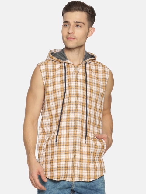 

IVOC Men White & Mustard Yellow Regular Fit Cotton Hooded Checked Casual Shirt