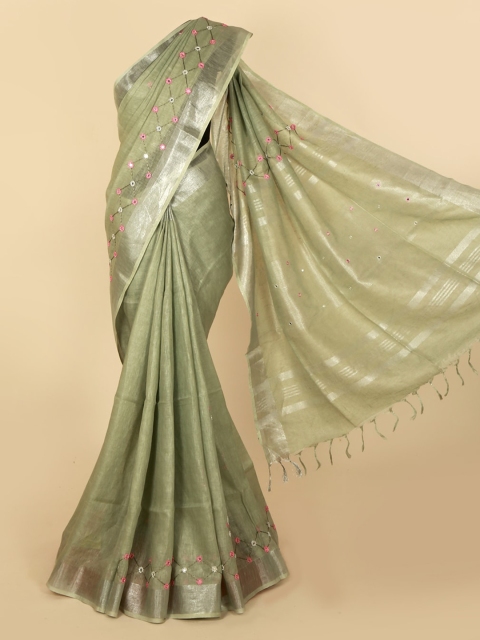 Pothys Green Solid Pure Linen Saree