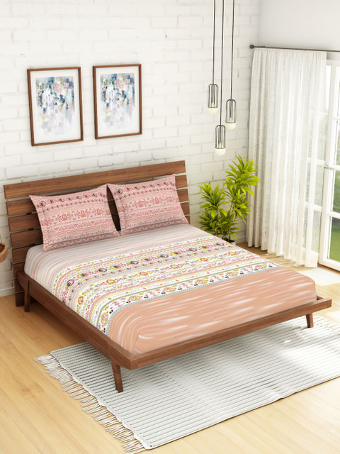 

SPACES Coral Pink & White Floral Printed 144 TC Cotton 1 Double Queen Bedsheet With 2 Pillow Covers
