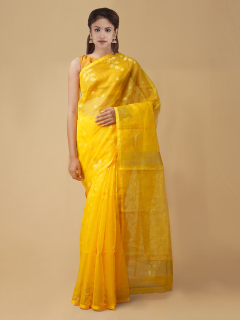 

Unnati Silks Yellow Striped Maheshwari Saree