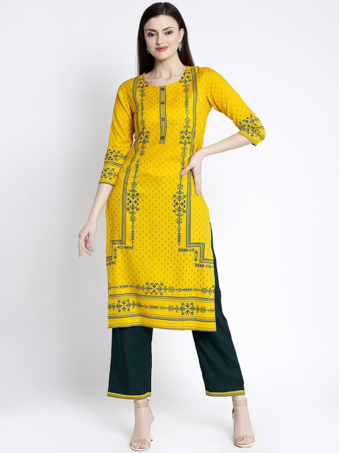 

ANAISA Women Yellow Printed Straight Kurta