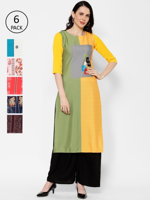 

7Threads Women Pack Of 6 Multicoloured Printed Straight Kurtas, Multi