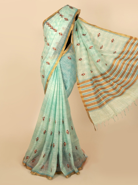 

Pothys Blue & Gold-Toned Pure Linen Embroidered Saree