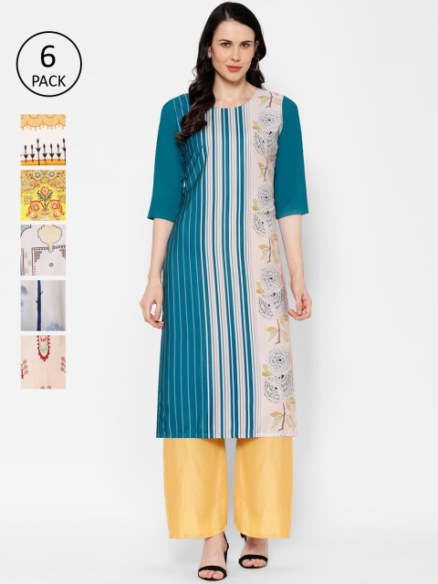 

7Threads Women Pack Of 6 Multicoloured Printed Straight Kurtas, Multi