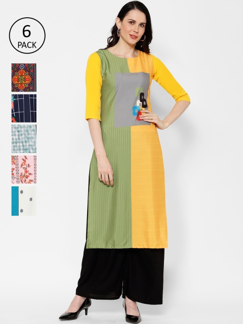 

7Threads Women Pack Of 6 Printed Straight Kurtas, Multi