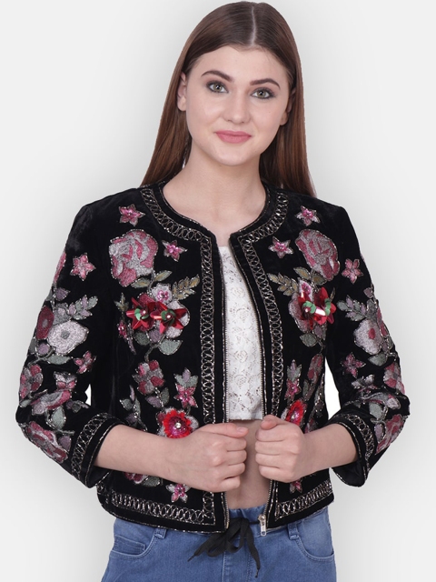

Diwaah Women Black & Pink Embellished Velvet Tailored Jacket