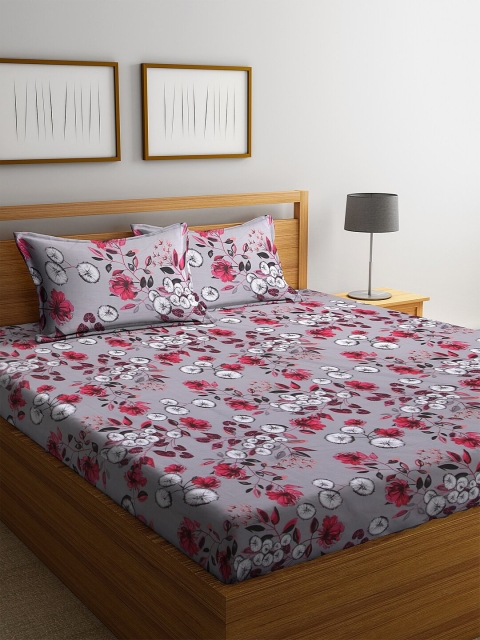 

BOMBAY DYEING Grey & Red Floral Printed 180 TC Cotton 1 Double King Bedsheet With 2 Pillow Covers