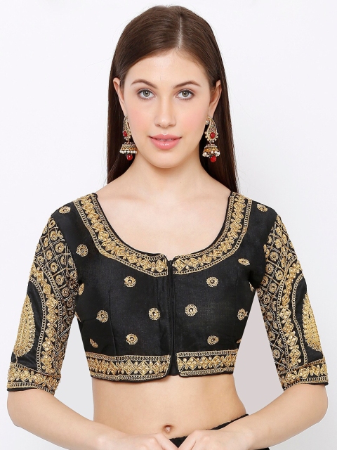 

SALWAR STUDIO Women Black & Gold-Toned Embroidered Readymade Saree Blouse
