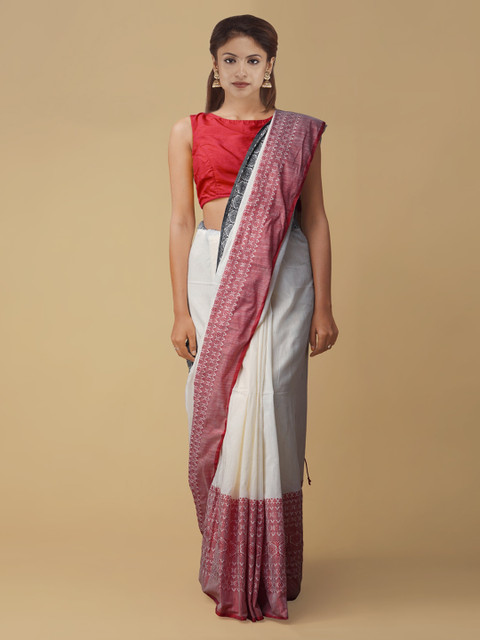 

Unnati Silks White & Red Pure Linen Woven Design Jamdani Handloom Saree