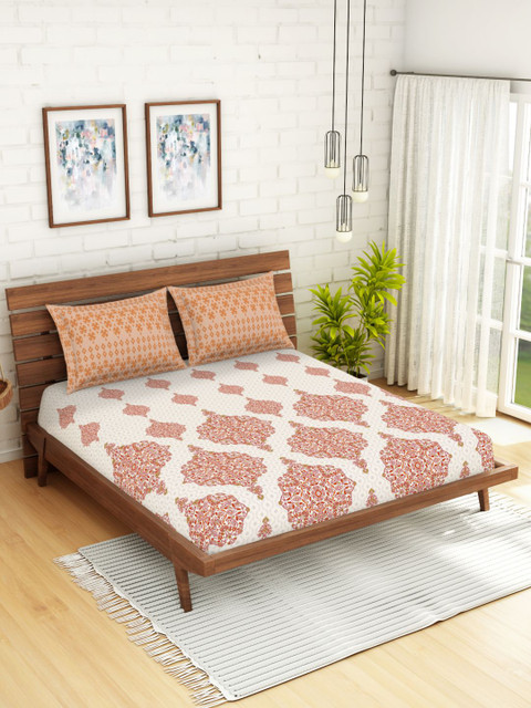 

SPACES Orange & White Ethnic Motifs 144 TC Cotton 1 Queen Bedsheet With 2 Pillow Covers
