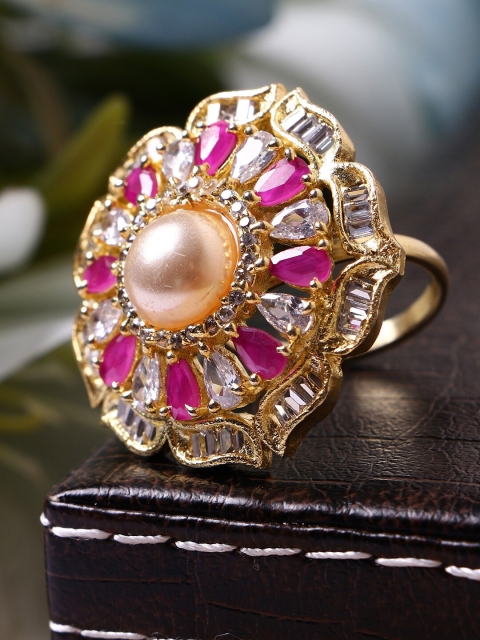 

ANIKAS CREATION Gold-Plated Pink & White AD-Studded Handcrafted Finger Ring