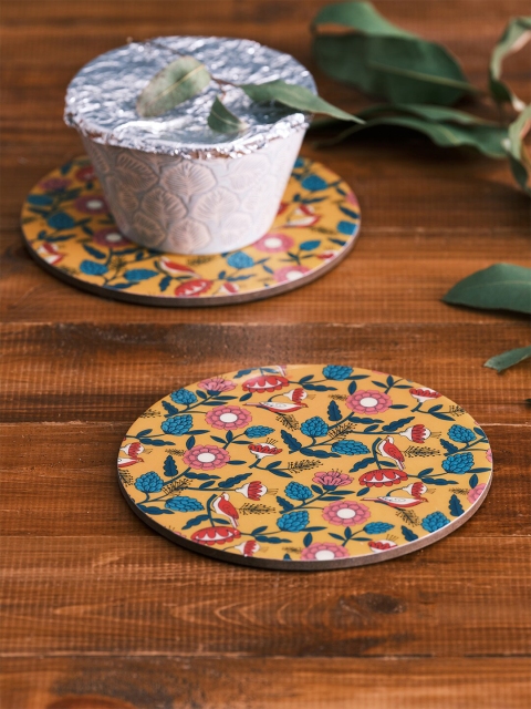 

Chumbak Set of 2 Yellow & Blue Country Wood Round Trivets