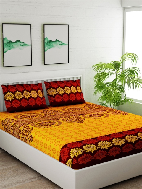

Salona Bichona Yellow & Coffee Brown Ethnic Motifs 120 TC Cotton 1 King Bedsheet with 2 Pillow Covers