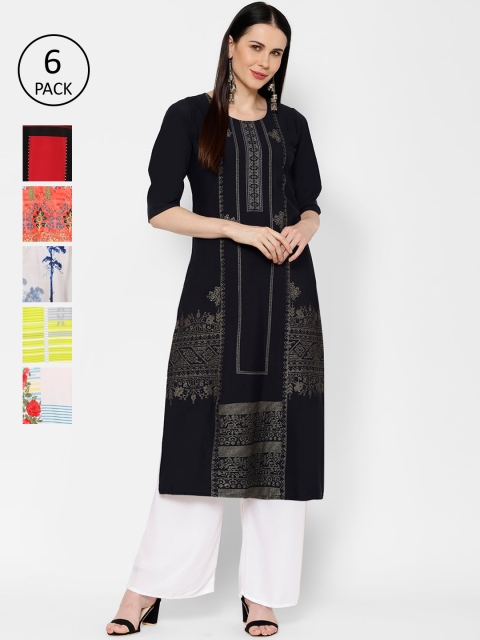 

7Threads Women Pack Of 6 Multicoloured Printed Straight Kurtas, Multi