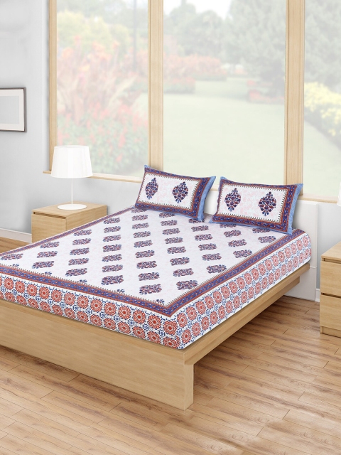 Salona Bichona White & Blue Ethnic Motifs Printed 120 TC Cotton Double Queen Bedsheet With 2 Pillow Covers