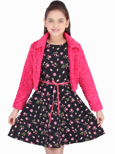 

CUTECUMBER Girls Black Printed Fit and Flare Dress with Fur Shrug