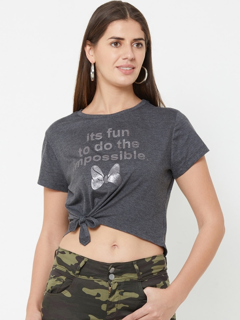 

Kraus Jeans Women Charcoal Grey Printed Round Neck T-shirt