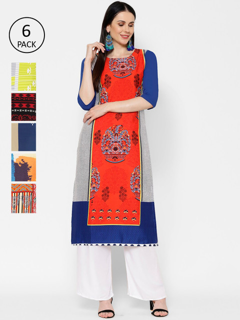 

7Threads Women Pack Of 6 Multicoloured Printed Straight Kurtas, Multi