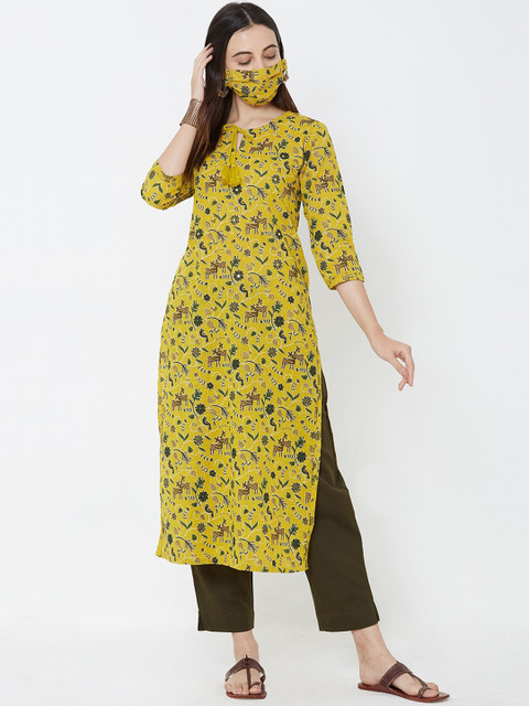 

FASHOR Women Yellow Printed Kurta Trousers