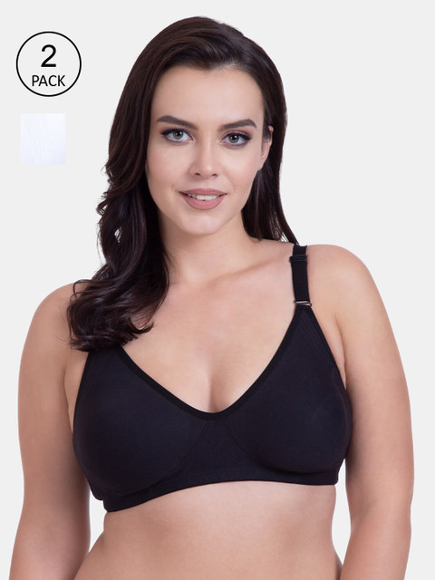 

Rajnie Women Pack Of 2 Solid Cotton Non-Wired Non-Padded Everyday Bras RJ-667, Black