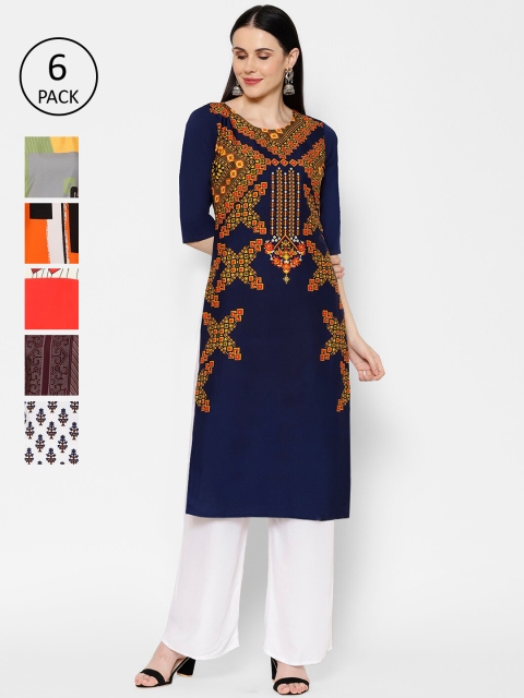 

7Threads Women Pack Of 6 Multicoloured Printed Straight Kurtas, Multi