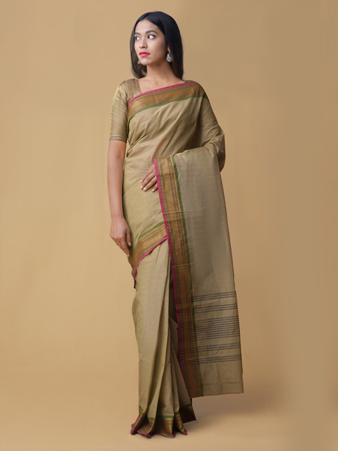 

Unnati Silks Cream-Coloured Solid Pure Cotton Handloom Saree